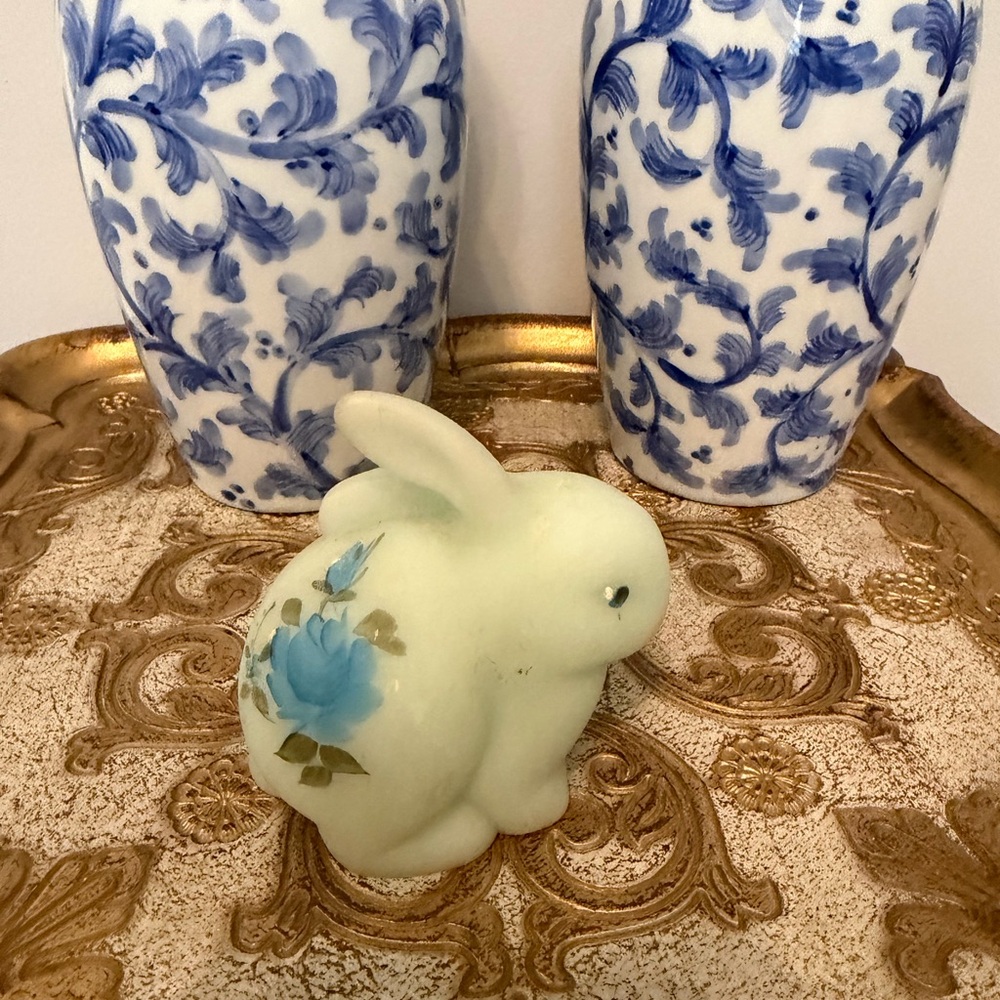 Floral Blue Satin with Blue Roses Bunny Figurine